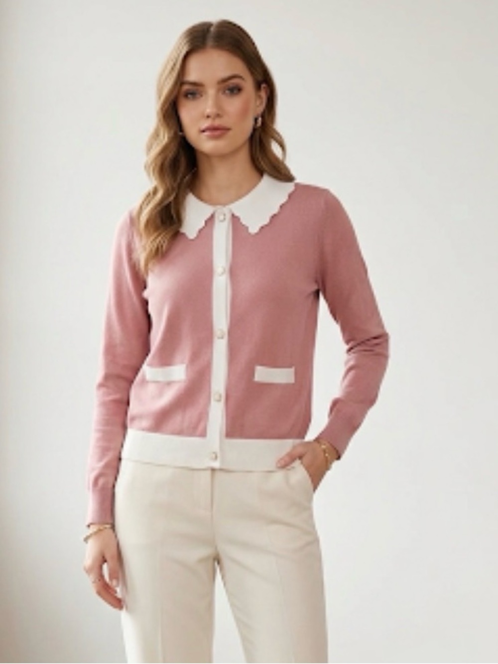Women's Pink Contrast-Trim sweater